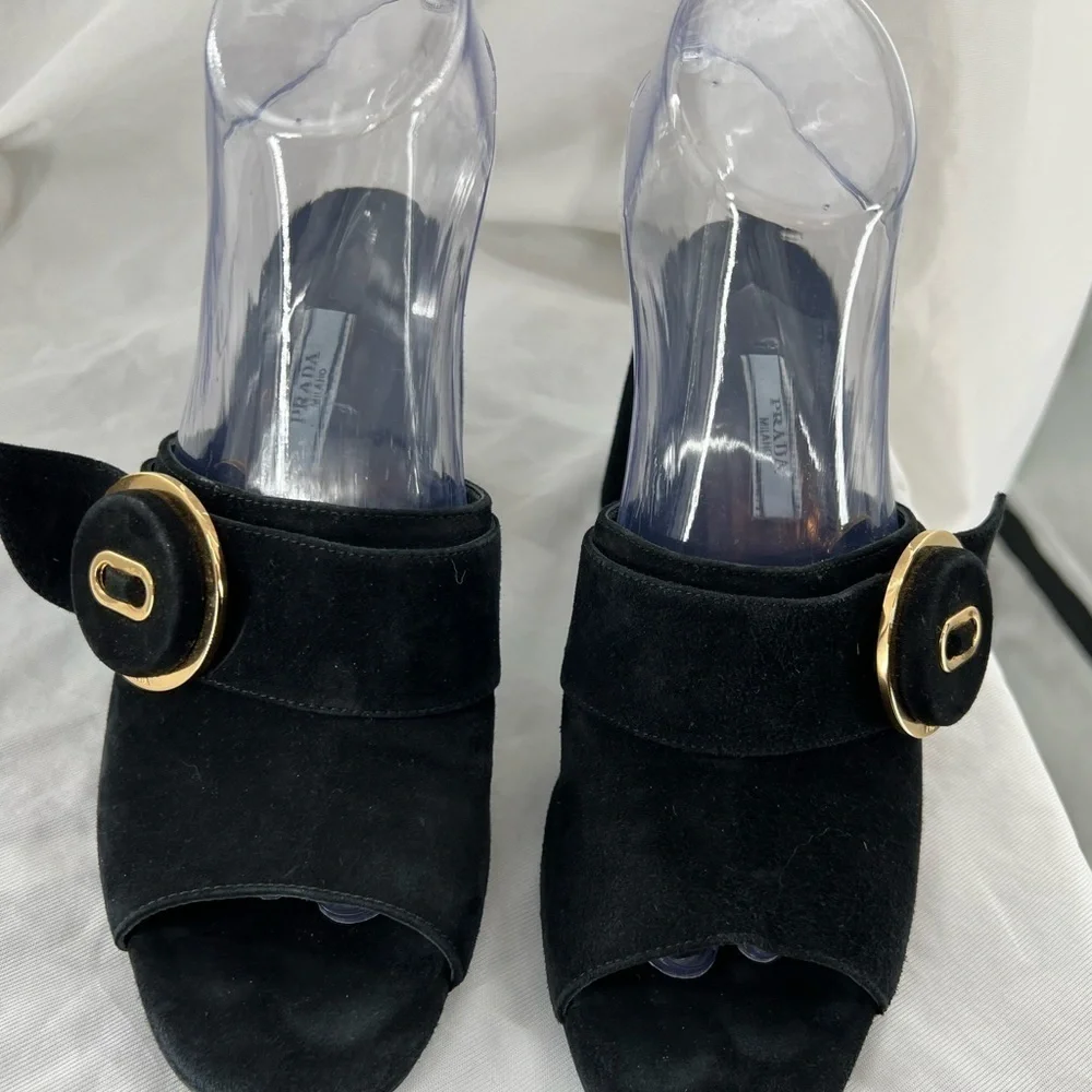 PRADA MILANO BLACK SUEDE CHUNKY HEEL SANDAL BLACK SIZE 37 EUR SIZE 6.5 US - Picture 2 of 16